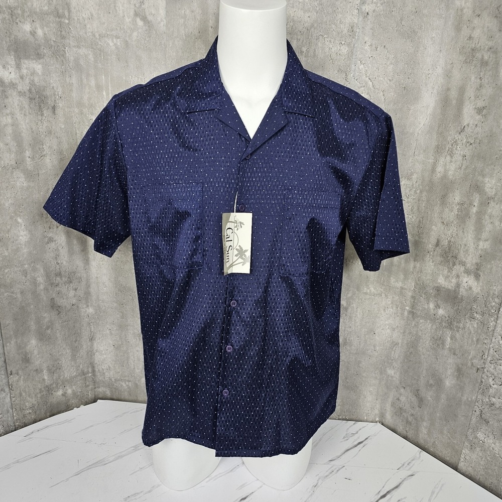 Vintage 80s Cal Sun Mens XL Hawaiian Shirt USA Blue Textured Beach‎ Camp NOS